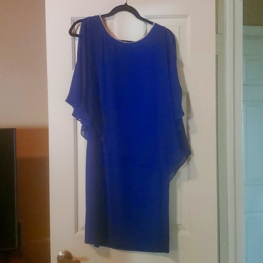 MSK dress,large, cobalt blue chiffon w crystal trim and x back crystal trim.
